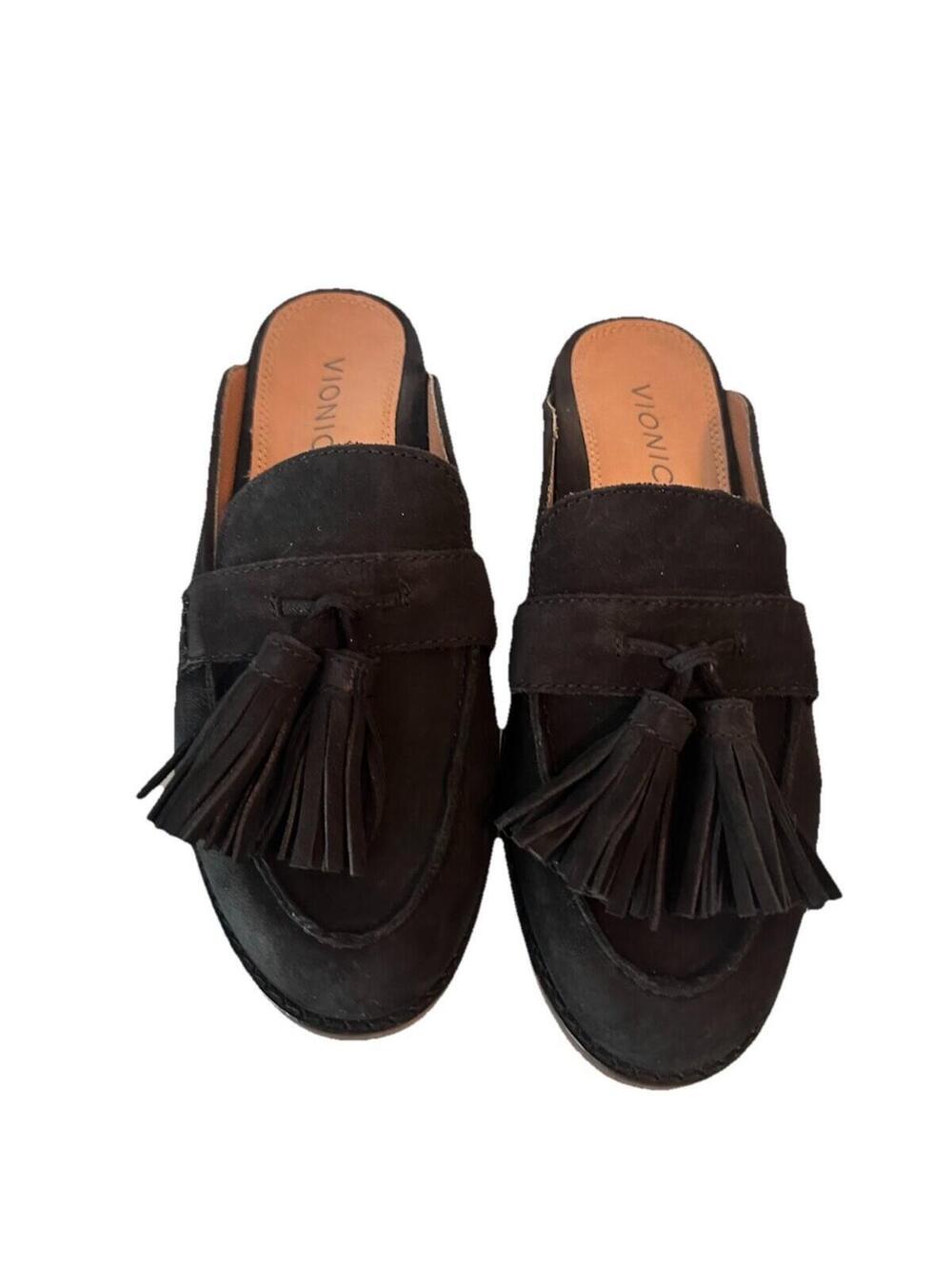 NWOB VIONIC Nubuck Tassel Mules Black Leather Loafers Women’s Size 6 Retail $149